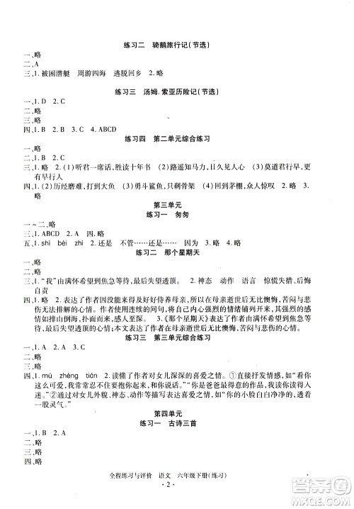 浙江人民出版社2021全程练习与评价练习六年级下册语文R人教版答案