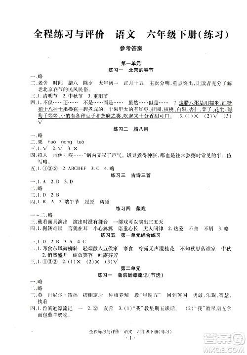 浙江人民出版社2021全程练习与评价练习六年级下册语文R人教版答案