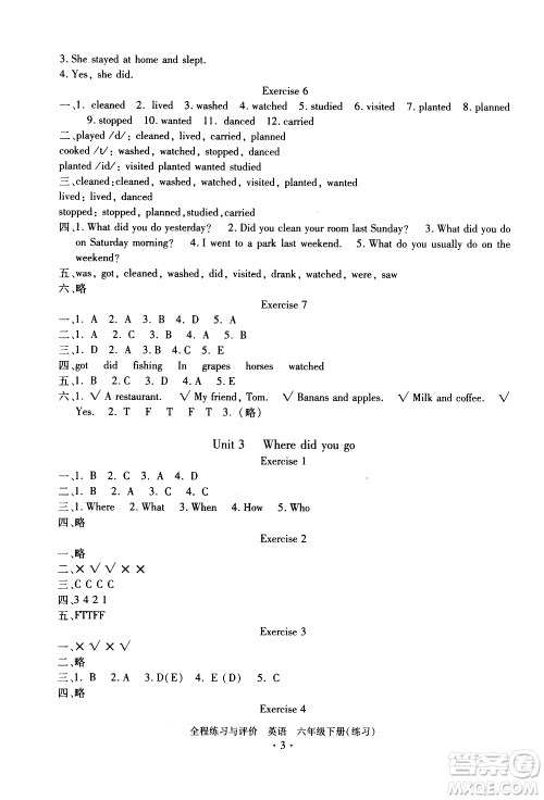 浙江人民出版社2021全程练习与评价练习六年级下册英语R人教版答案