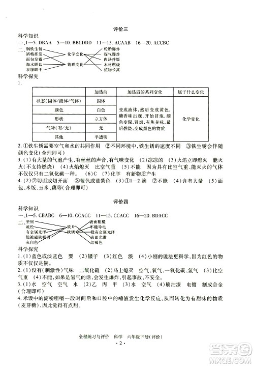 浙江人民出版社2021全程练习与评价评价六年级下册科学J冀教版答案