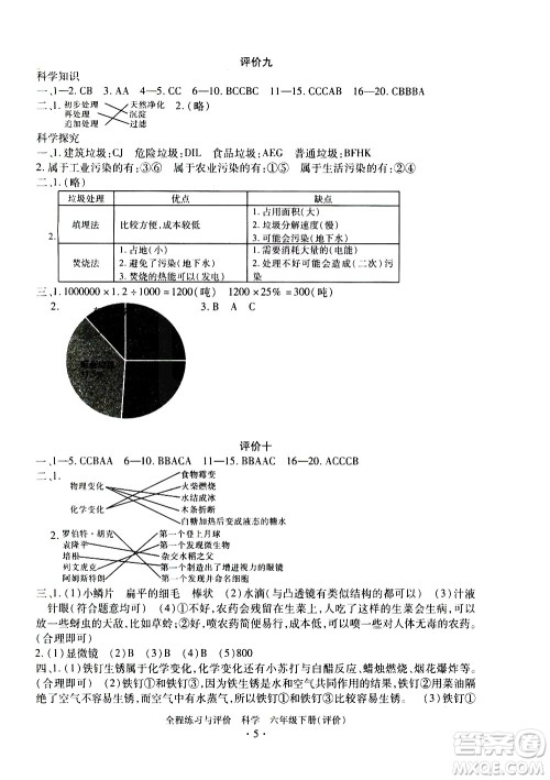 浙江人民出版社2021全程练习与评价评价六年级下册科学J冀教版答案