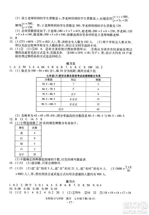 浙江人民出版社2021全程练习与评价练习七年级下册数学ZH浙教版答案 浙江人民出版社2021全程练习与评价练习七年级下册数学ZH浙教版答案