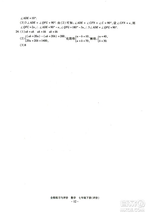 浙江人民出版社2021全程练习与评价评价七年级下册数学ZH浙教版答案