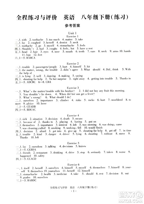 浙江人民出版社2021全程练习与评价练习八年级下册英语R人教版答案