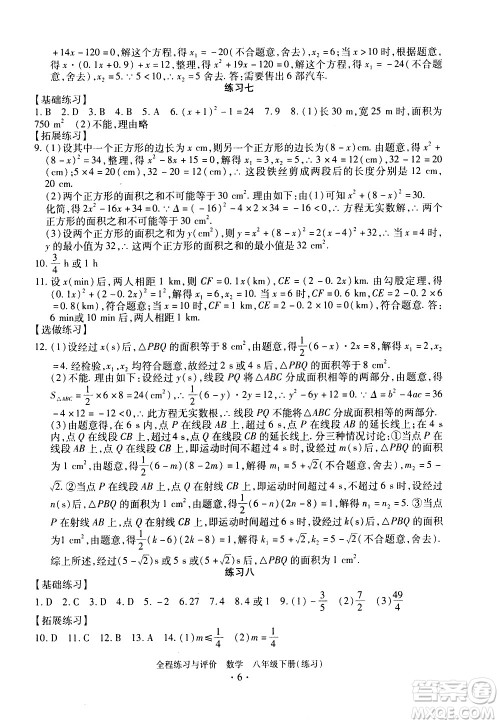 浙江人民出版社2021全程练习与评价练习八年级下册数学ZH浙教版答案
