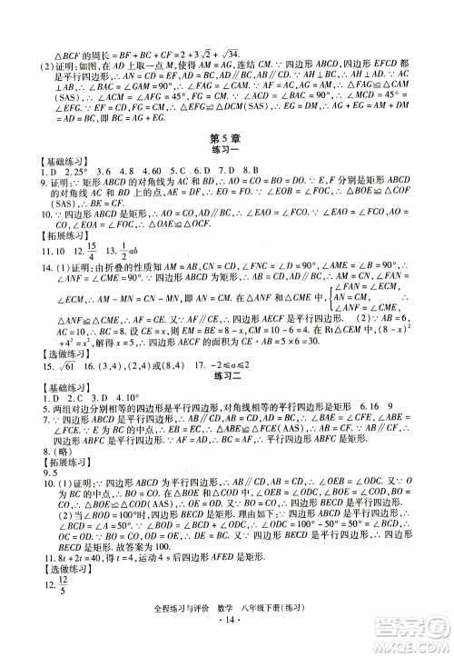 浙江人民出版社2021全程练习与评价练习八年级下册数学ZH浙教版答案