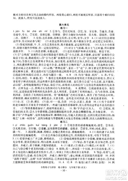 浙江人民出版社2021全程练习与评价练习九年级下册语文R人教版答案 浙江人民出版社2021全程练习与评价练习九年级下册语文R人教版答案