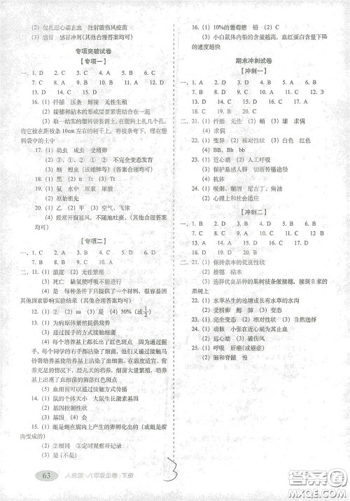 长春出版社2021聚能闯关100分期末复习冲刺卷八年级生物下册答案