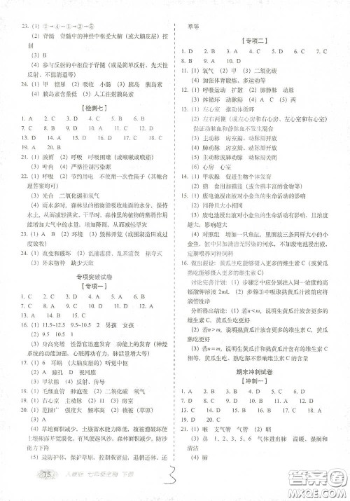 长春出版社2021聚能闯关100分期末复习冲刺卷七年级生物下册人教版答案