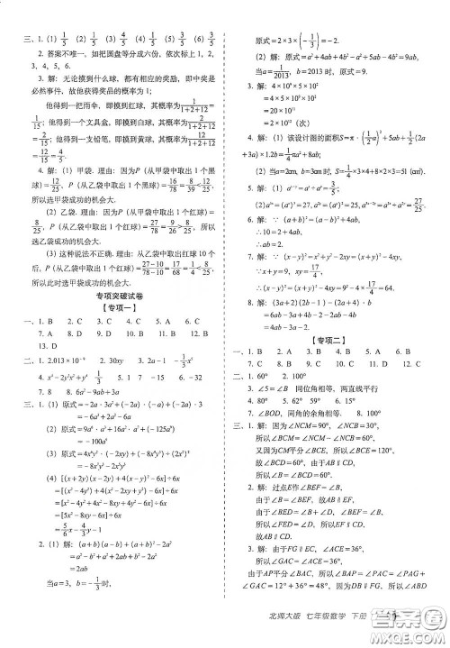 长春出版社2021聚能闯关100分期末复习冲刺卷七年级数学下册北师大版答案