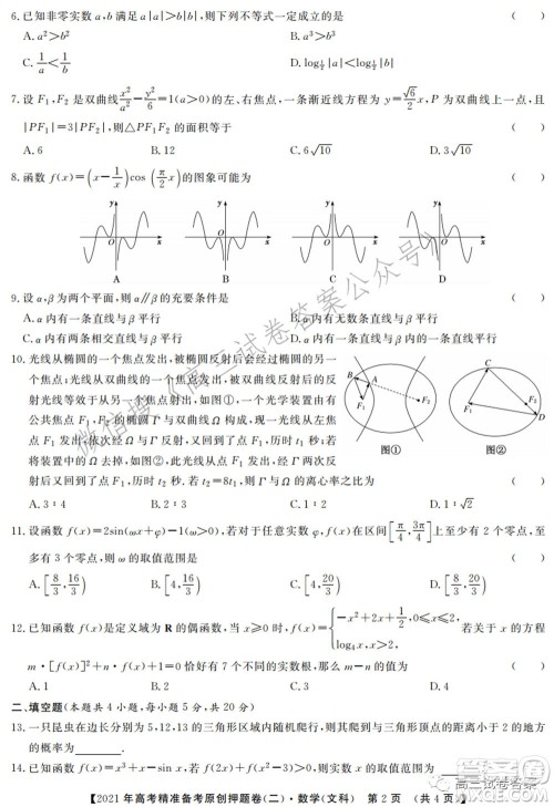 2021年高考精准备考原创押题二文科数学试卷及答案 2021年高考精准备考原创押题二文科数学试卷及答案