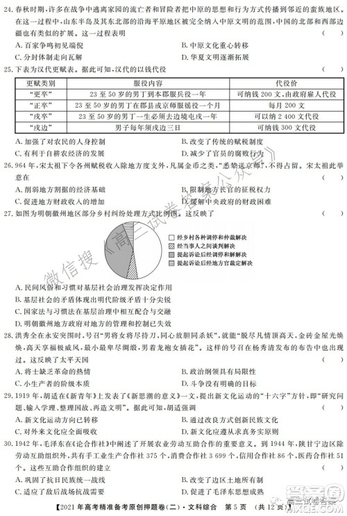 2021年高考精准备考原创押题二文科综合试卷及答案