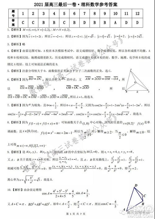 2021皖江之约高三最后一卷理科数学试卷及答案