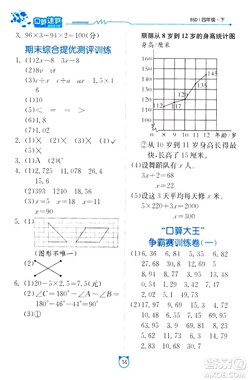 江苏人民出版社2021小学数学口算速算提优练习册四年级下册北师大版答案