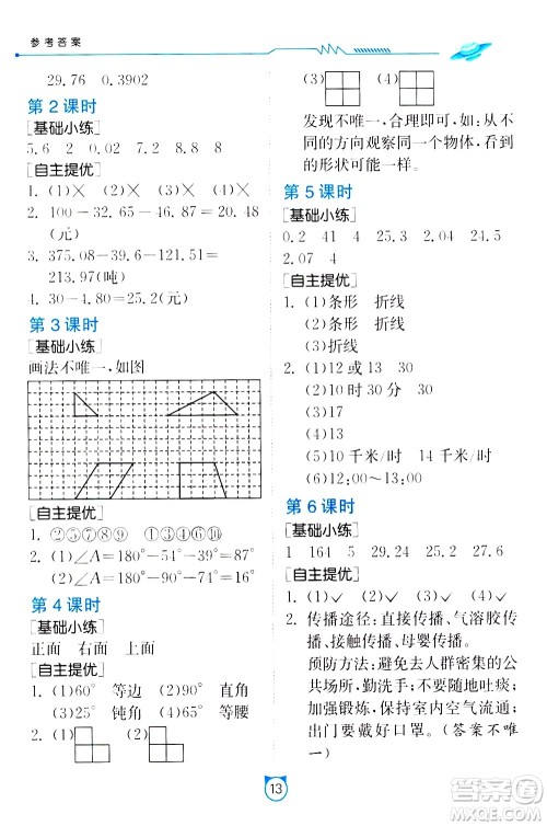 江苏人民出版社2021小学数学口算速算提优练习册四年级下册北师大版答案