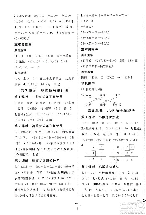 吉林人民出版社2021全科王同步课时练习数学四年级下册新课标冀教版答案