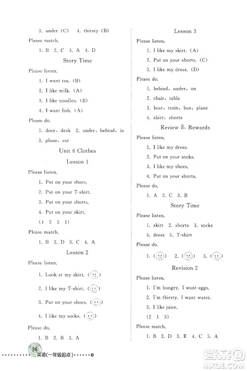 人民教育出版社2021年英语配套练习与检测一年级起点一年级下册人教版答案
