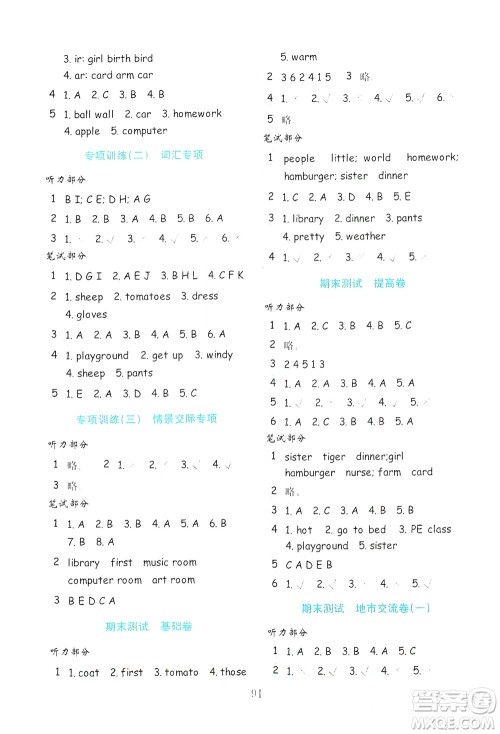 山东教育出版社2021年小学英语金钥匙试卷三年级起点四年级下册金版人教版答案