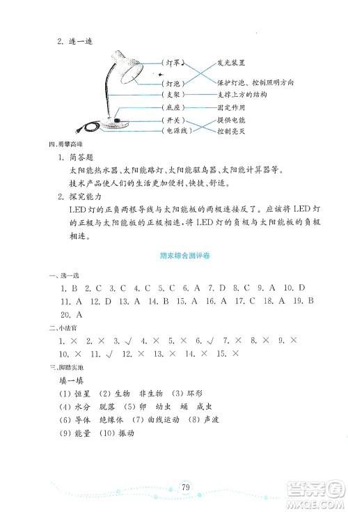 山东教育出版社2021年小学科学金钥匙试卷四年级下册金版青岛版答案