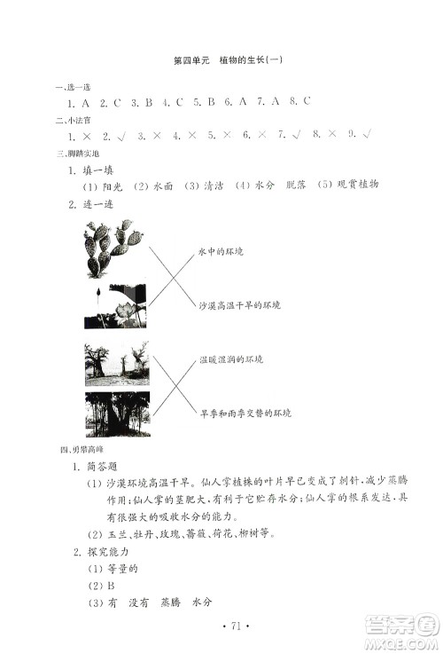 山东教育出版社2021年小学科学金钥匙试卷四年级下册青岛版答案