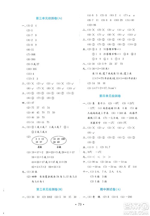 山东教育出版社2021年小学数学金钥匙试卷五四制四年级下册金版答案