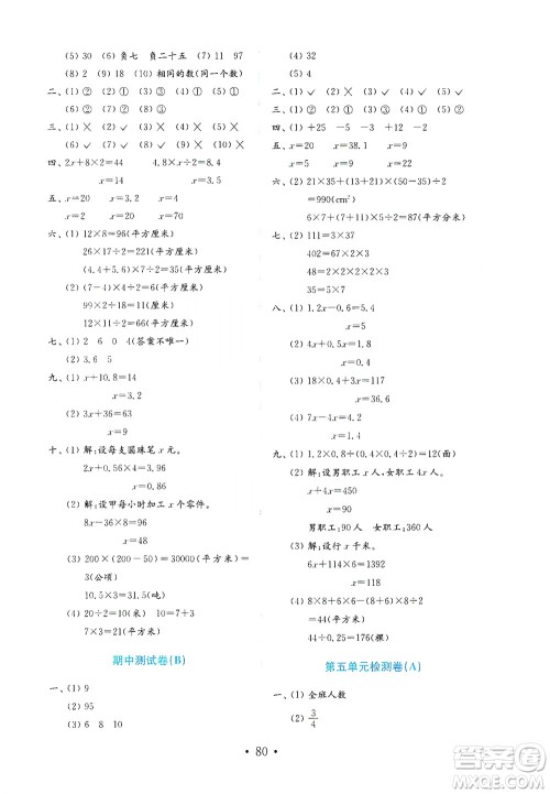 山东教育出版社2021年小学数学金钥匙试卷五四制四年级下册金版答案