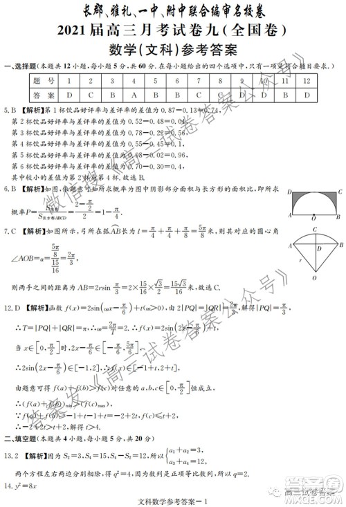 长郡雅礼一中附中联合编审名校卷2021届高三月考试卷九全国卷文科数学试卷及答案