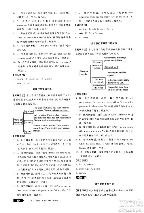 阳光出版社2021练就优等生英语完形填空阅读理解七年级下册新课标RJ人教版答案