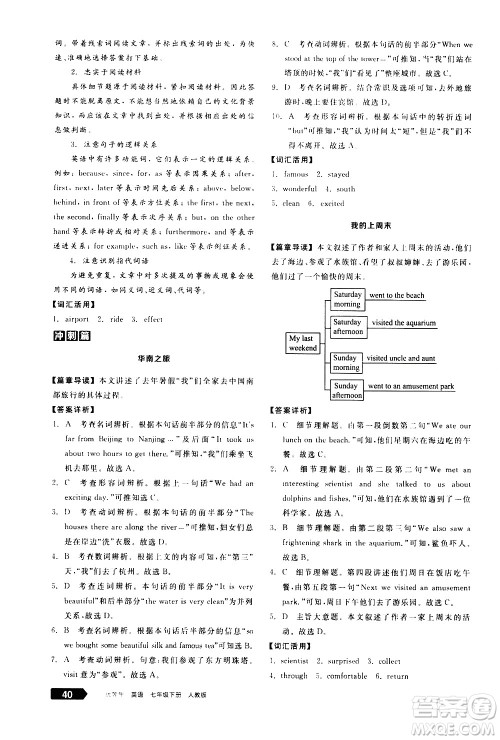 阳光出版社2021练就优等生英语完形填空阅读理解七年级下册新课标RJ人教版答案