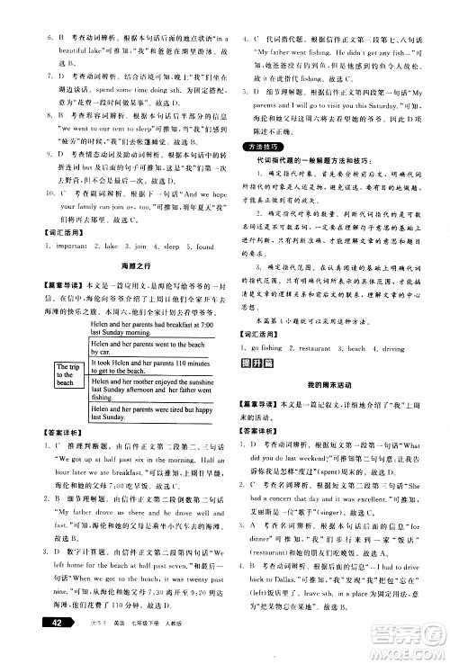 阳光出版社2021练就优等生英语完形填空阅读理解七年级下册新课标RJ人教版答案