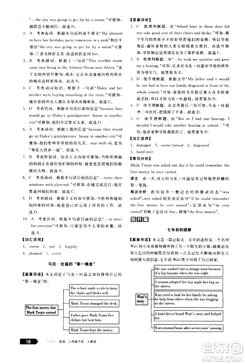 阳光出版社2021练就优等生英语完形填空阅读理解八年级下册新课标RJ人教版答案