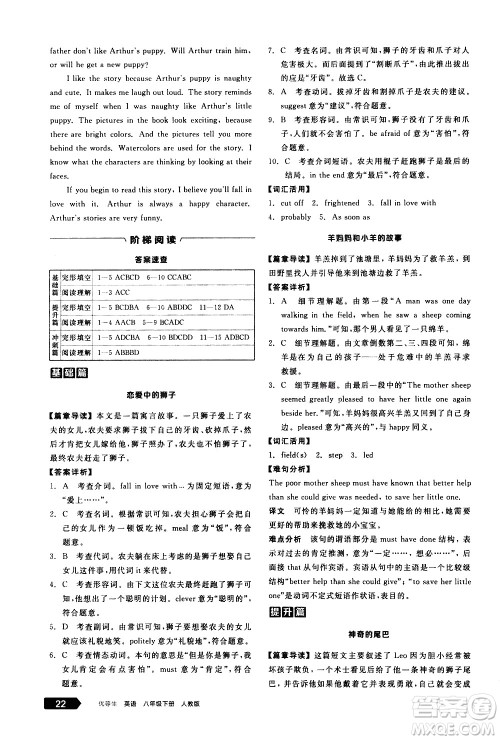 阳光出版社2021练就优等生英语完形填空阅读理解八年级下册新课标RJ人教版答案