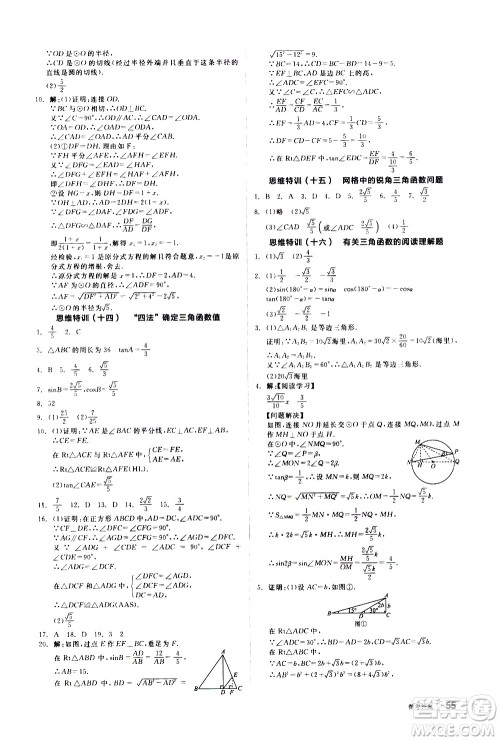 阳光出版社2021练就优等生数学思维特训九年级下册新课标RJ人教版答案