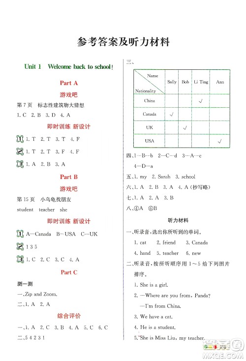 人民教育出版社2021教材解读英语三年级起点三年级下册人教版答案