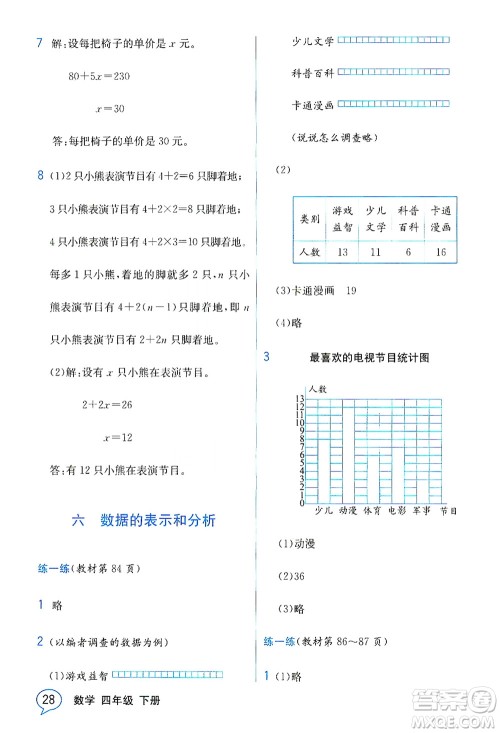 现代教育出版社2021教材解读数学四年级下册BS北师大版答案