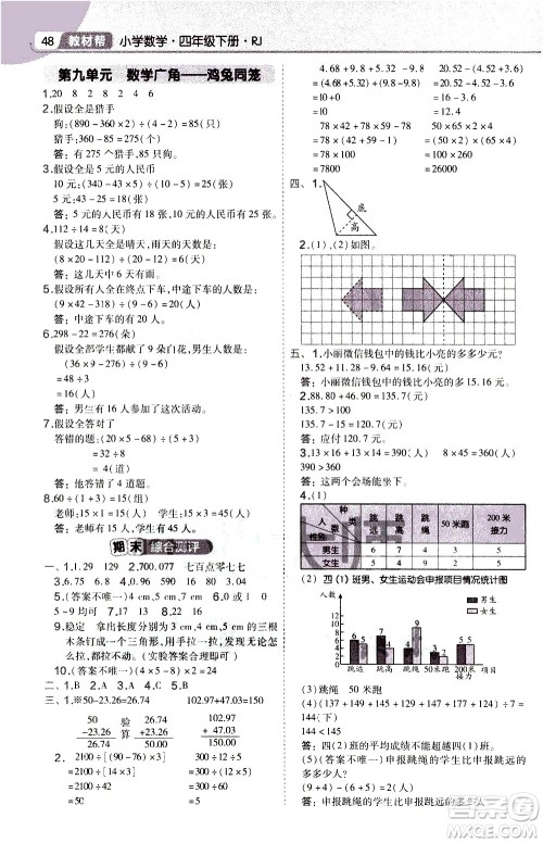 南京师范大学出版社2021教材帮作业帮小学数学四年级下册RJ人教版答案