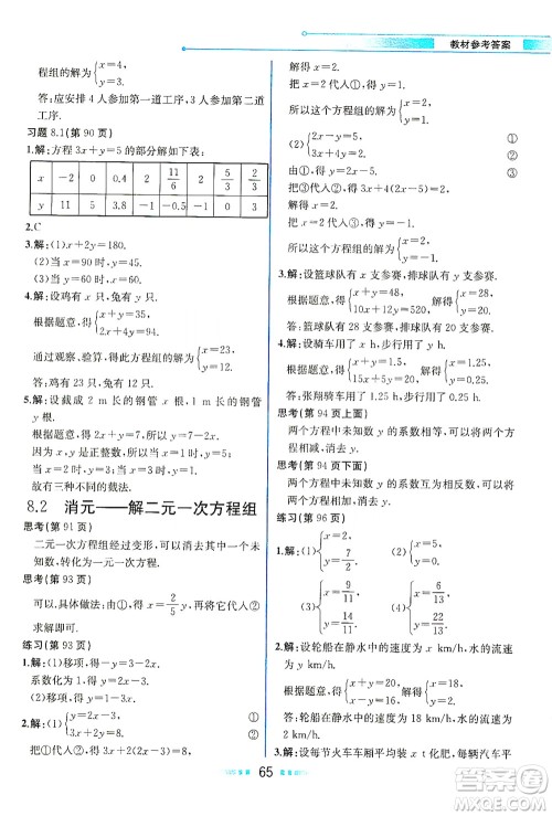 人民教育出版社2021教材解读数学七年级下册人教版答案