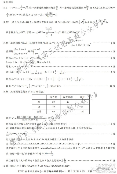 2021年普通高等学校招生全国统一考试五月解密卷一文科数学试卷及答案