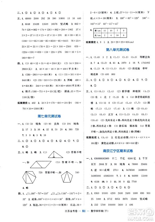 北方妇女儿童出版社2021江苏金考卷数学四年级下册江苏版答案