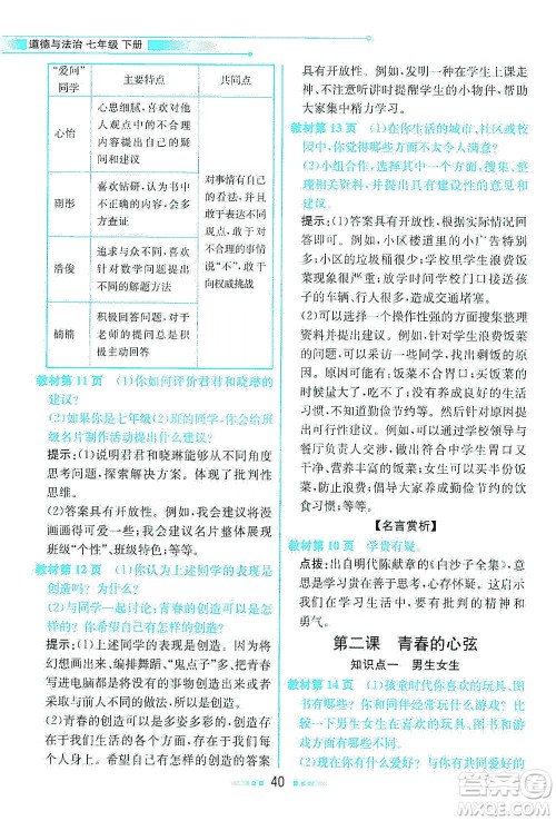 人民教育出版社2021教材解读道德与法治七年级下册人教版答案