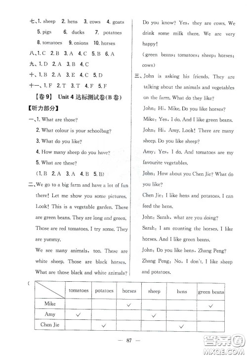 吉林人民出版社2021小学教材完全考卷四年级英语下册人教PEP版答案