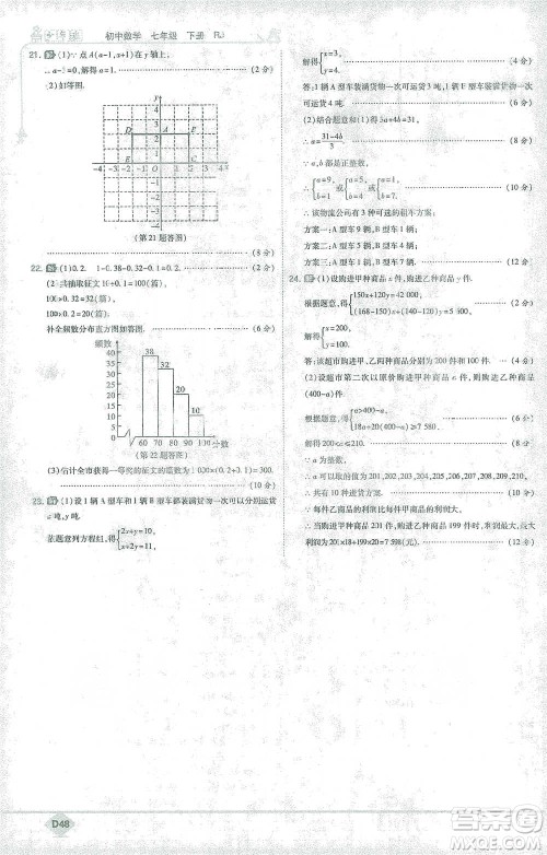 开明出版社2021少年班初中数学七年级下册人教版参考答案