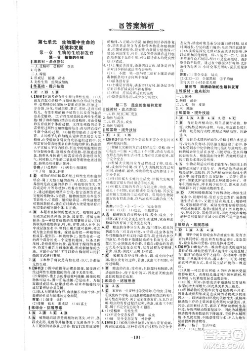 安徽师范大学出版社2021世纪金榜百练百胜生物八年级下册人教版答案