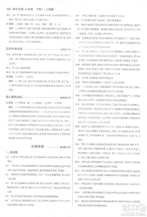 首都师范大学出版社2021年5年中考3年模拟生物七年级下册人教版参考答案