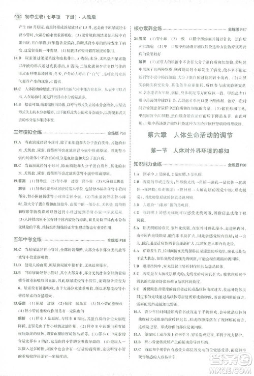 首都师范大学出版社2021年5年中考3年模拟生物七年级下册人教版参考答案