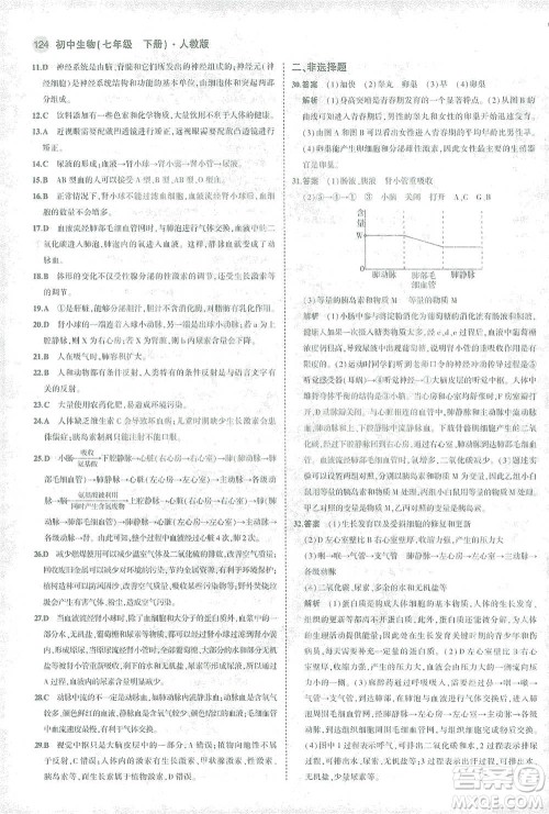 首都师范大学出版社2021年5年中考3年模拟生物七年级下册人教版参考答案