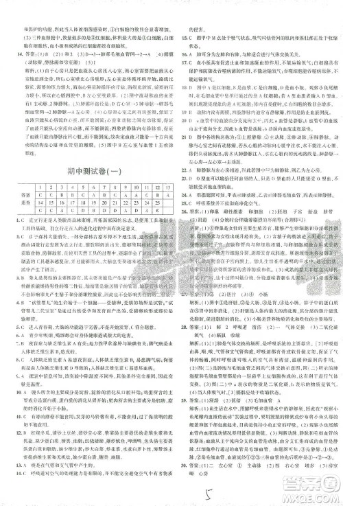 首都师范大学出版社2021年5年中考3年模拟初中试卷生物七年级下册人教版参考答案