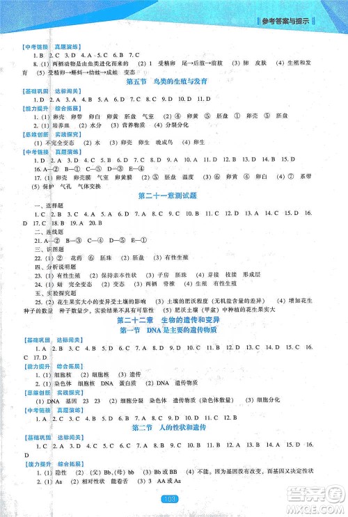 辽海出版社2021新课程生物能力培养八年级下册苏教版参考答案