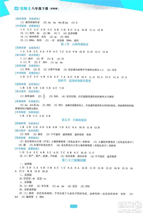 辽海出版社2021新课程生物能力培养八年级下册苏教版参考答案