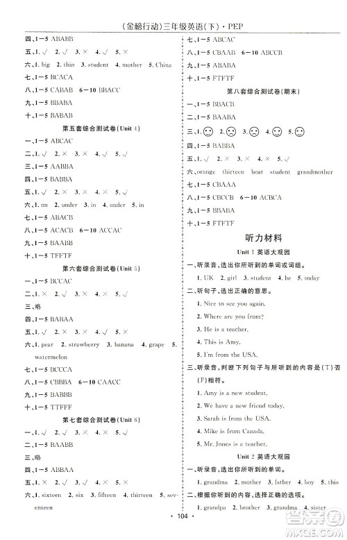 湖北科学技术出版社2021金榜行动英语三年级下册PEP人教版答案 湖北科学技术出版社2021金榜行动英语三年级下册PEP人教版答案